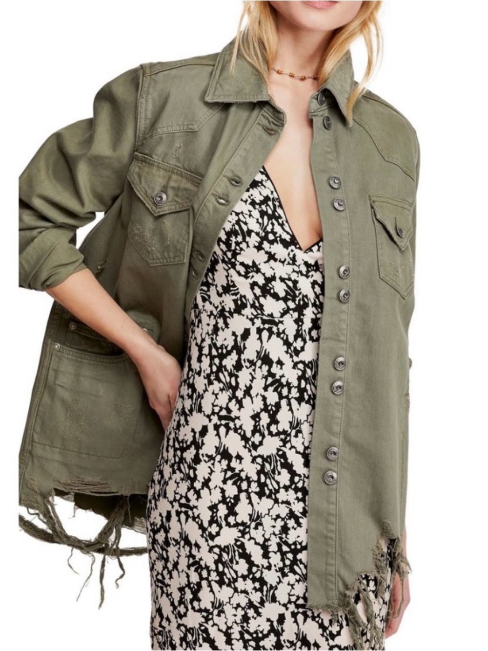 Free People Moonchild Distressed Denim Jacket Distressed Utility Shacket, Olive